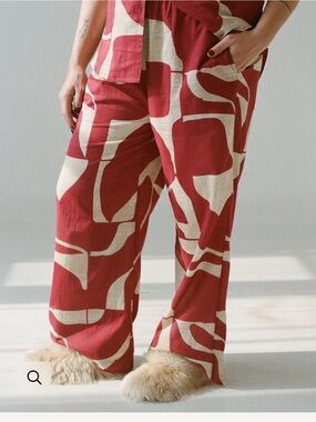 “Wray” Wide Leg Printed Luna Pants in Brick Red & Cream Deco Sky Print